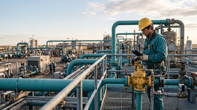 Technician surveys a gas compression station platform
