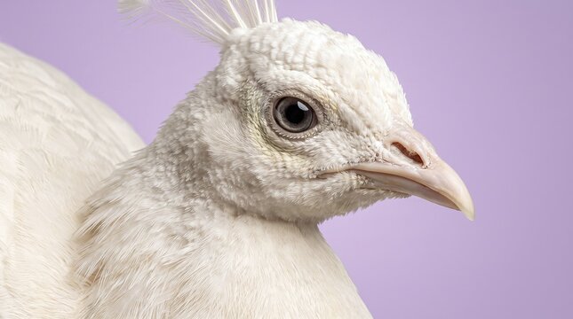 Close up profile portrait of a white peacock against a solid light purple background with peacock shown detailed neck white