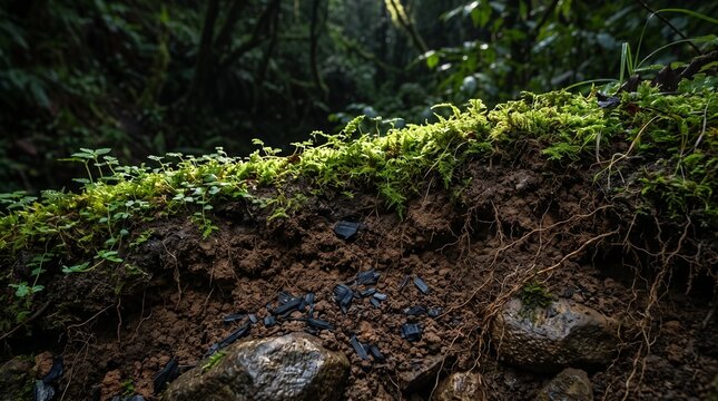 Living soil profile with moss and charcoal fragments