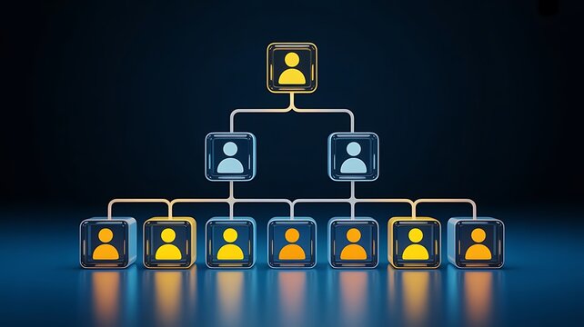 Business hierarchy diagram featuring glowing glass cubes and human on a dark blue background, for corporate management, and planning