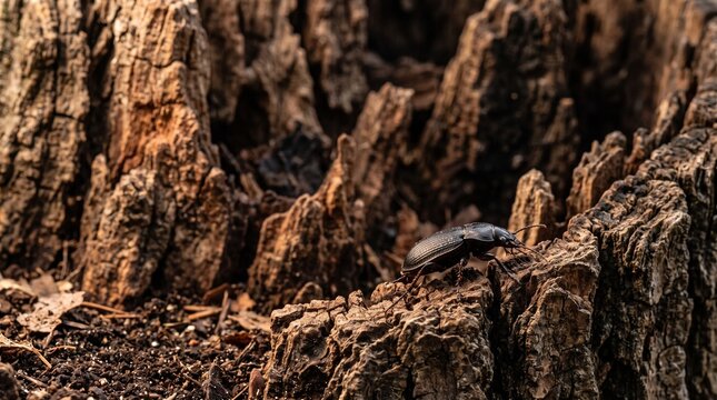 Ground beetle beside a deep bark crevice