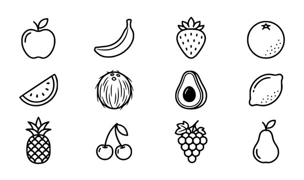 Fruits stroke vector icon set with minimal black outline fresh food symbols for juice bar branding