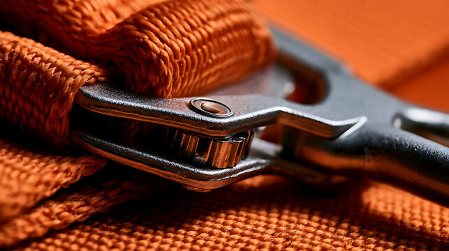 Detail of steel ratchet buckle securing heavy-duty orange cargo strap