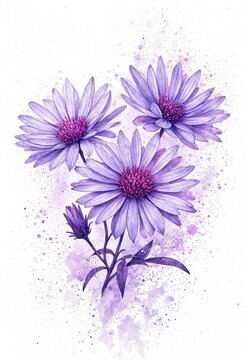 Purple Aster Flowers with Watercolor Splash Background