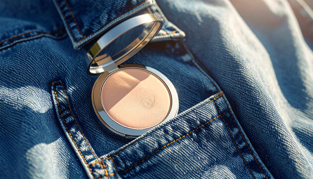A compact makeup powder case with a silver mirror rests inside a denim pocket, sunlight highlighting textures of fabric and powder, evoking casual fashion and everyday beauty.