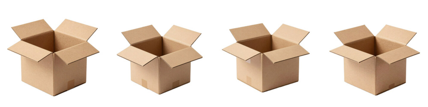 Four open corrugated boxes sit in a row against a stark black background