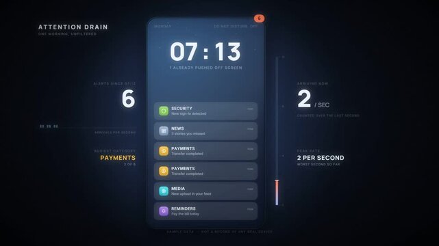 Phone alert counter rising to 125 as notifications pile up on a glowing lock screen panel