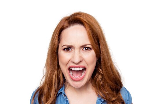 Close up photo beautiful amazing she her lady not fear situation yelling loud scandal quarrel problem trouble killing eyes look wild roar wear casual blue jeans denim shirt isolated grey background