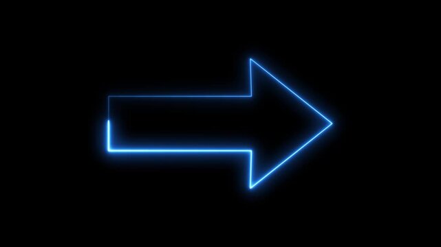 Glowing blue neon arrow pointer animation on black background, digital direction signage