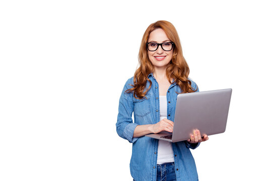Close up photo beautiful she her curly foxy lady hold hands arms notebook read reader currency teacher smart clever intelligent wear specs casual blue jeans denim shirt isolated grey background