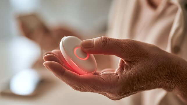 Elderly Emergency Alert An elderly person&rsquo;s hand holding a small medical alert device glowing with a red light, blurred background with phone.