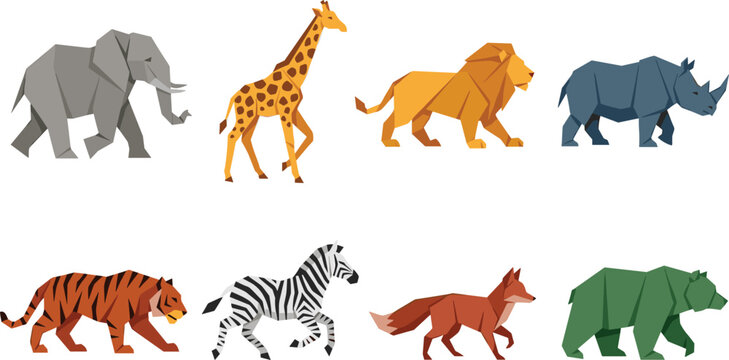 Origami Style Wild Animals Vector Set with Elephant Lion Tiger and Bear