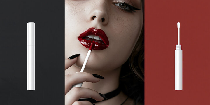 A woman's lips adorned with glossy red lipstick, holding an applicator stick, with two white applicators beside her on contrasting backgrounds.