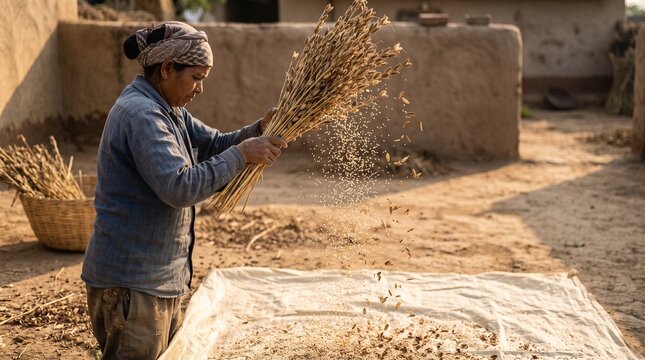 Farmer shakes sesame capsules for seed harvest