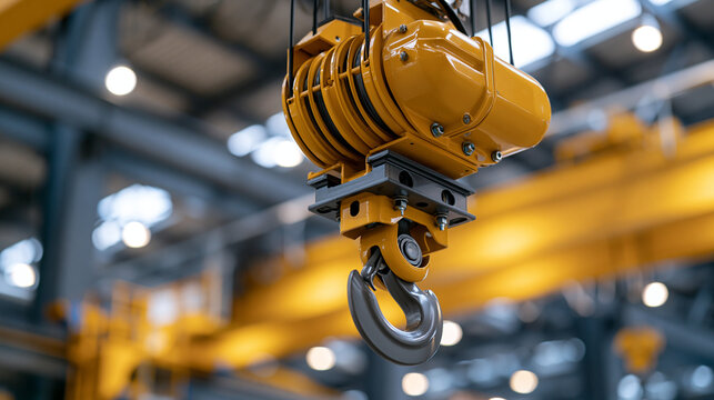 Industrial yellow overhead crane with hoist and hook in modern manufacturing facility, showcasing heavy machinery and construction equipment, defocused industrial lifting