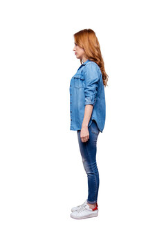 Full length body profile size  view photo elegant chic lady stand feel glad focused concentrated clever intelligent independent free time dressed modern spring clothing isolated argent background