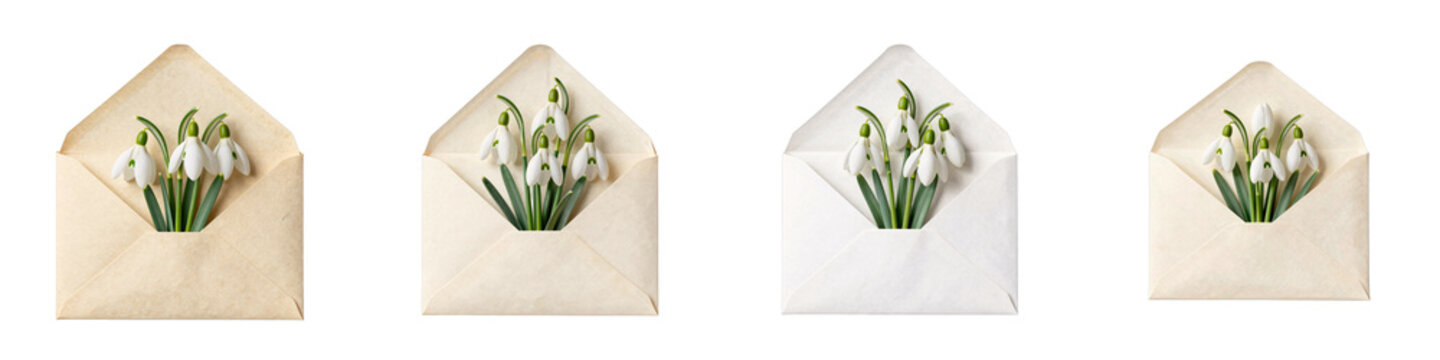 Elegant snowdrop flowers emerging from vintage envelopes against black background