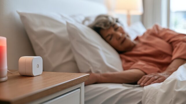 Elderly Emergency Alert A person peacefully sleeping in bed with a smart air quality monitor on the bedside table.