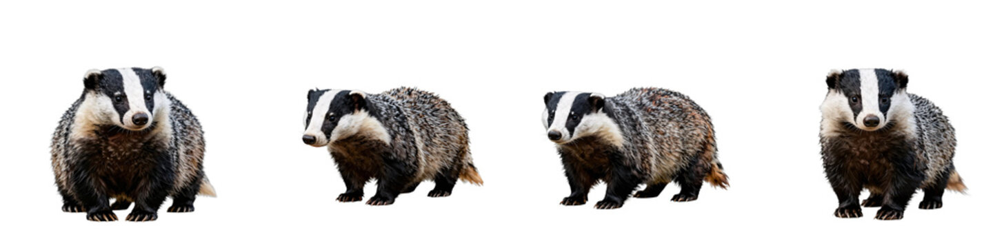 Four european badgers are standing on a black background