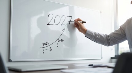 Obraz premium Into 2027 concept showing a professional writing future financial targets and rising growth curve on a glass whiteboard with marker pen business strategy corporate planning office presentation