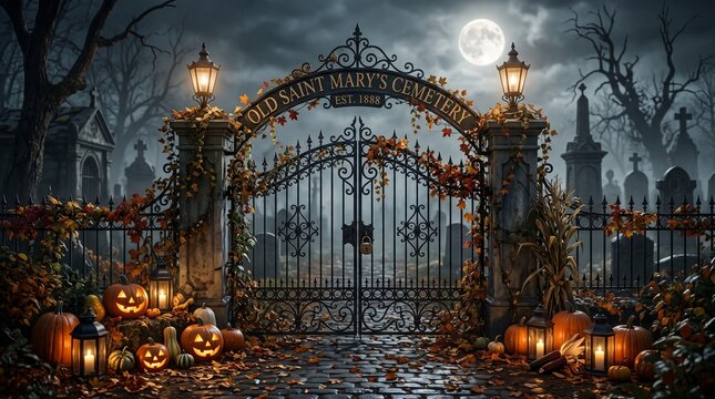 Spooky Halloween cemetery gate with glowing pumpkins. Haunted graveyard entrance under full moon. Gothic iron gates of Old Saint Mary's Cemetery.