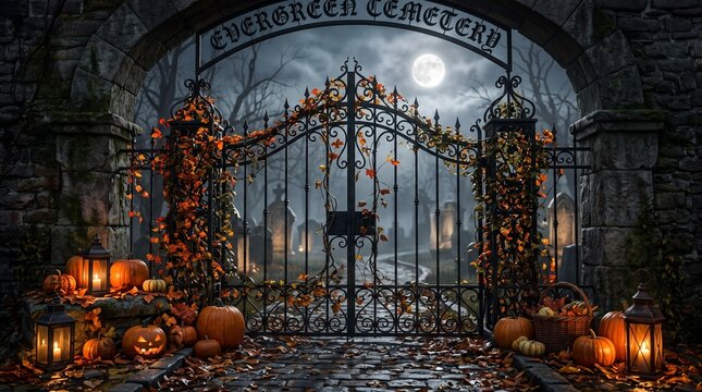 Gothic Evergreen Cemetery gate at night, spooky Halloween graveyard entrance with pumpkins, misty full moon graveyard scene