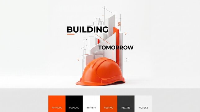 Bright orange construction hard hat sits before abstract architectural skyline diagrams in this clean professional graphic design project for builders