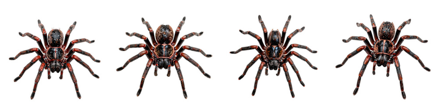 Four bird spiders are seen with orange and black markings isolated against a black backdrop