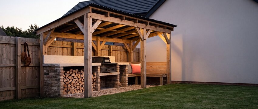 Gartenk&uuml;che mit Grillkamin unter &uuml;berdachtem Holzpavillon