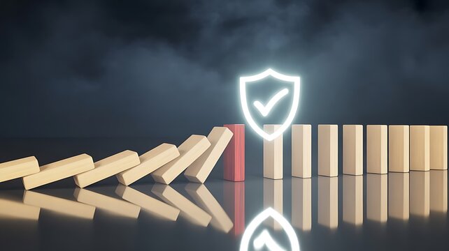 Glowing white shield with a checkmark symbol standing between falling wooden dominoes on a dark surface representing risk management and protection