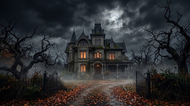 Spooky haunted house under full moon, dark Victorian mansion in foggy night, eerie Halloween landscape with dead trees