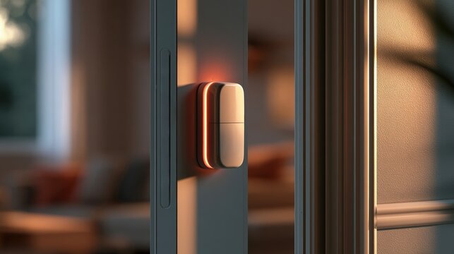 Elderly Emergency Alert A smart door sensor attached to a modern glass door frame in a cozy indoor setting.