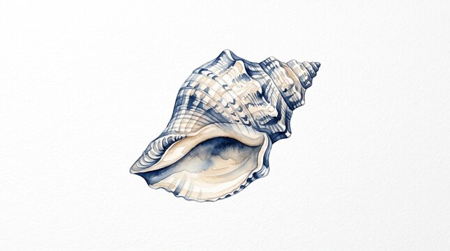 Watercolor conch seashell illustration realistic indigo blue marine sea shell art