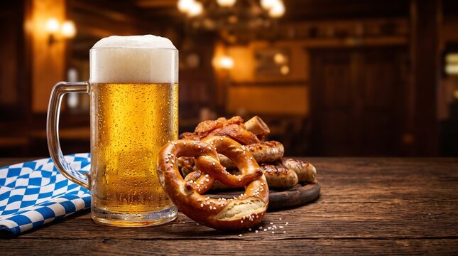 Oktoberfest still life with large beer stein full of cold foamy lager and baked pretzel on rustic wooden table in tavern
