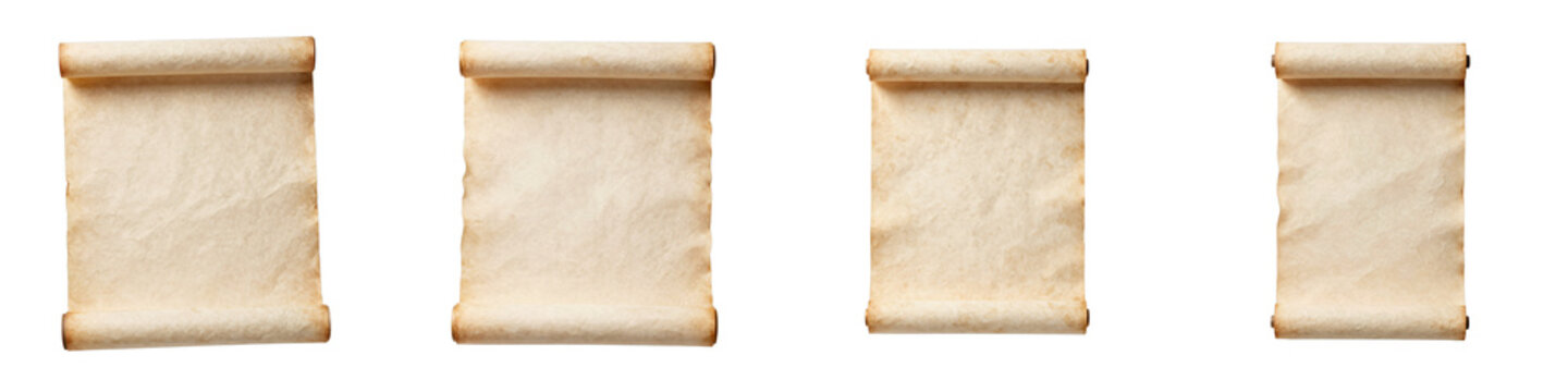 Four aged parchment scrolls on black background offer space for customized content