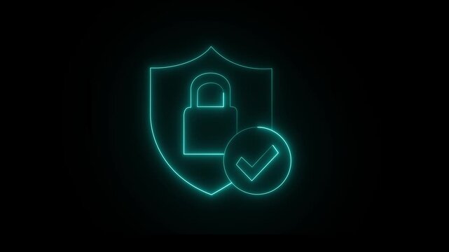 Glowing neon cyan color lock animation icon security privacy password protection safety animated on black background. 4k animation video
