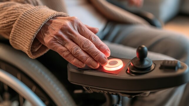Elderly Emergency Alert Elderly person using a joystick control on a wheelchair, focusing on their hand and the device.