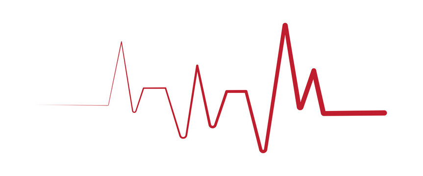 Red heartbeat ECG waveform line isolated on white background. Sharp medical pulse pattern represents heart activity and monitoring for healthcare, cardiology, fitness, posters and graphic design 