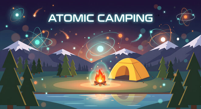  Glowing atomic model structure with orbiting electrons and energy particles for quantum physics and nuclear research concept