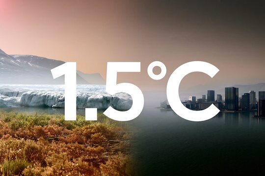 1.5&deg;C global warming threshold over melting glacier and coastal city, climate change concept for environmental reports, adaptation campaigns and news graphics