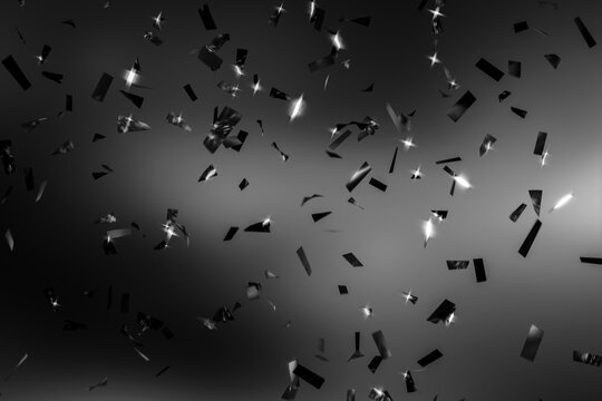 Elegant dark festive background with floating metallic confetti and sparkling lights. Perfect for product presentation, advertising, promotions, holiday designs, and text placement. 3D render.