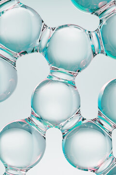Abstract transparent molecular structure with glossy glass spheres on a clean background. Futuristic skincare, collagen, hyaluronic acid and cosmetic serum concept, 3D render with copy space.	
