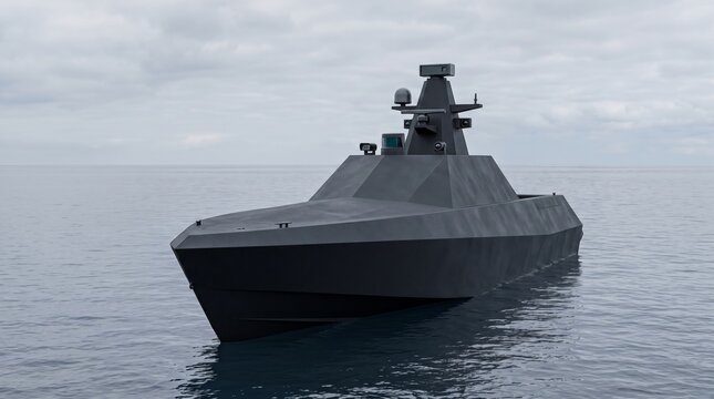 Autonomous military vessel navigating open sea. Concept of unmanned maritime systems, naval security and surveillance.