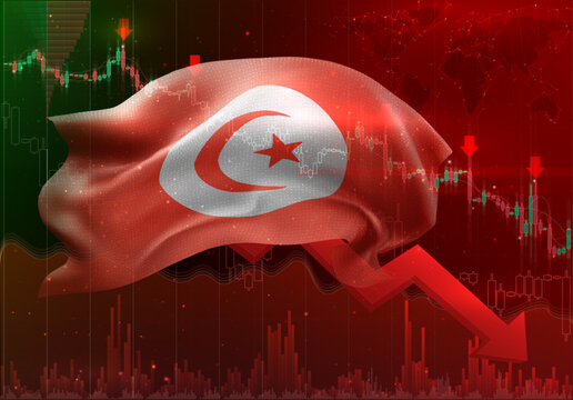 Tunisia, vector 3d flag financial exchange trend down