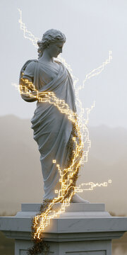 An ancient marble statue of a woman, draped in classical attire, stands solemnly against a misty, mountainous backdrop, her form partially illuminated by swirling golden light and electrical energy