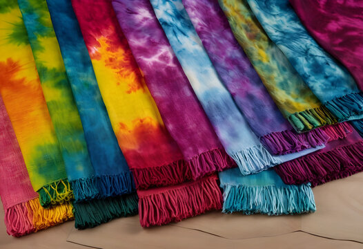 Tie dye fashion and textile design, colorful handmade fabric scarves with fringe detail arranged in a row for creative arts and crafts retail display