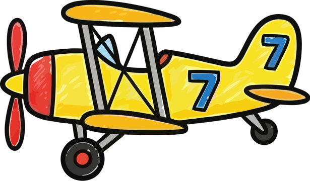 Yellow vintage biplane illustration featuring bold number seven markings and vibrant retro colors designed as a clean flat vector graphic
