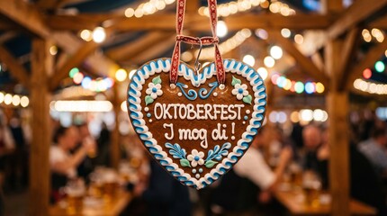 Fototapeta premium Traditional Oktoberfest gingerbread heart cookie Lebkuchenherz hanging against blurred beer tent festival background