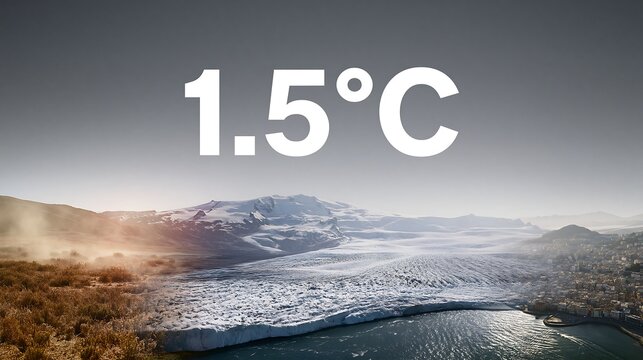Large 1.5&deg;C symbol above glacier and mountain valley, global warming threshold concept for climate science, environmental reports, policy communication and campaigns
