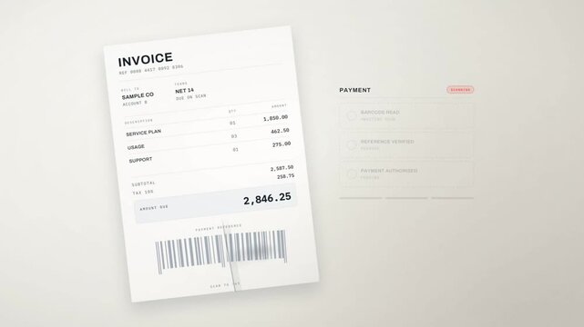 Red laser scanning an invoice barcode until the payment is authorised and a paid stamp lands